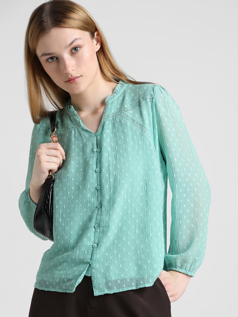 Green Lace Insert V-Neck Top