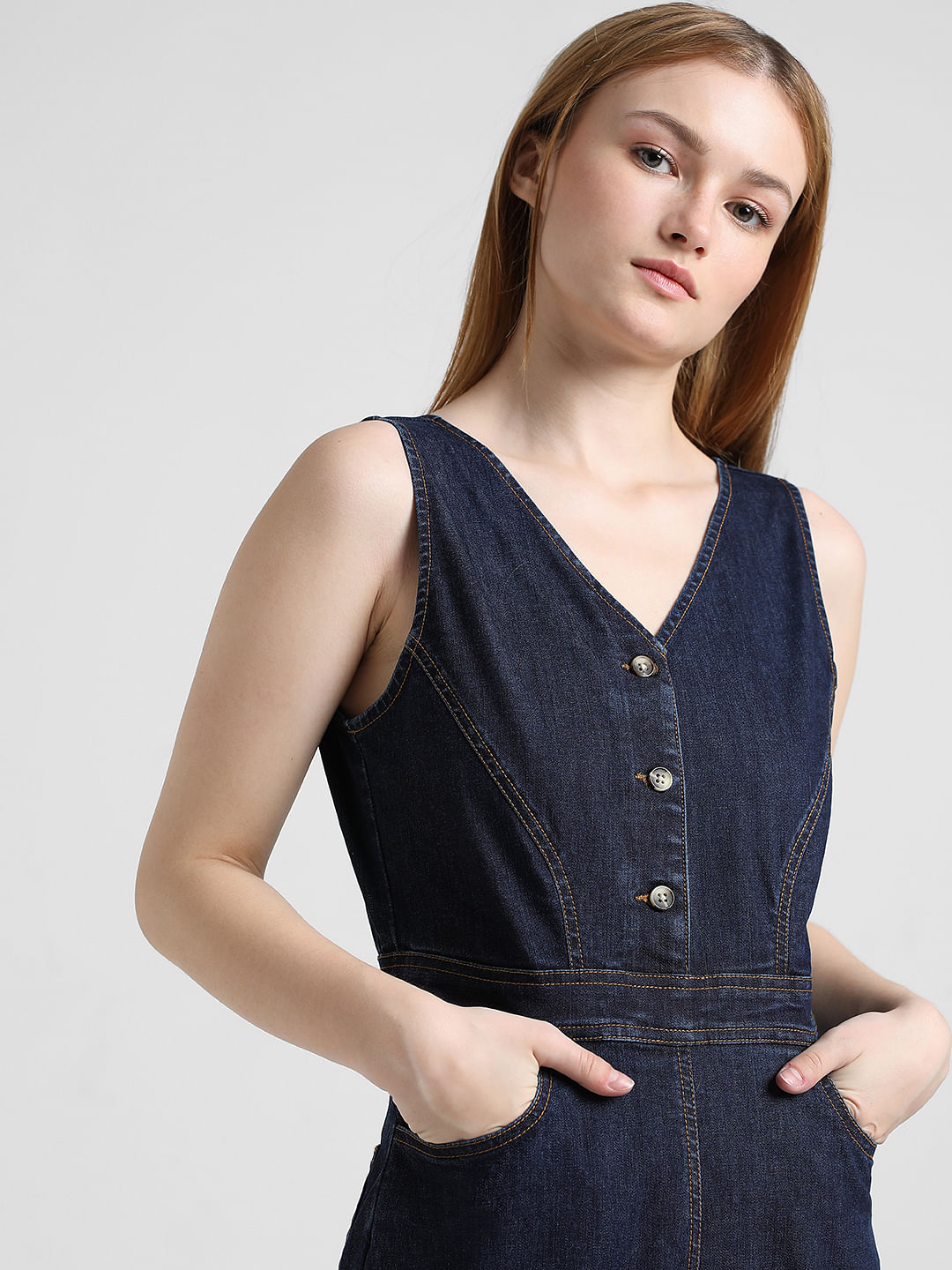Agnes Orinda + Agnes Orinda Plus Size Overalls Jeans Dresses for Women  Adjustable Strap Back Slit Raw Hem Overall Denim Dress