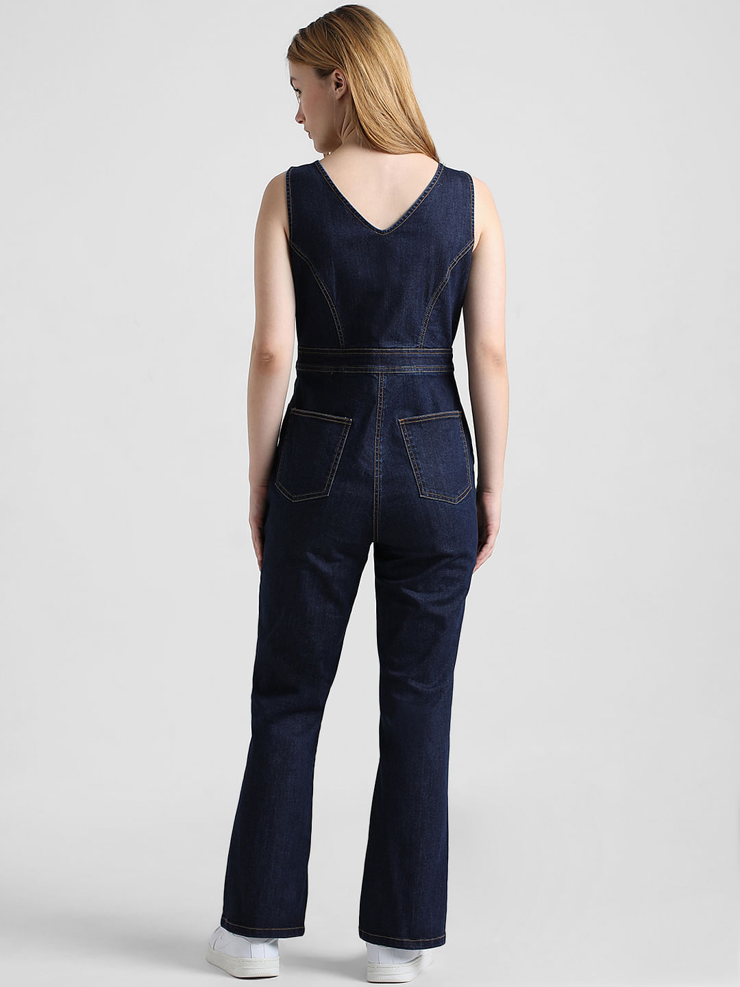 Womens Casual High Halter Neck Sleeveless Summer Dark Blue Denim Jumpsuit  S-XL | eBay