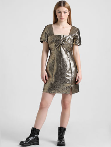 Golden Textured Weave Mini Dress