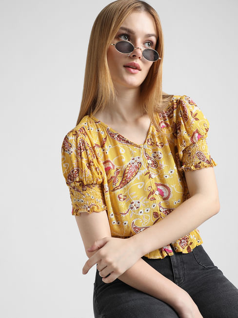 Yellow Printed Cropped Top