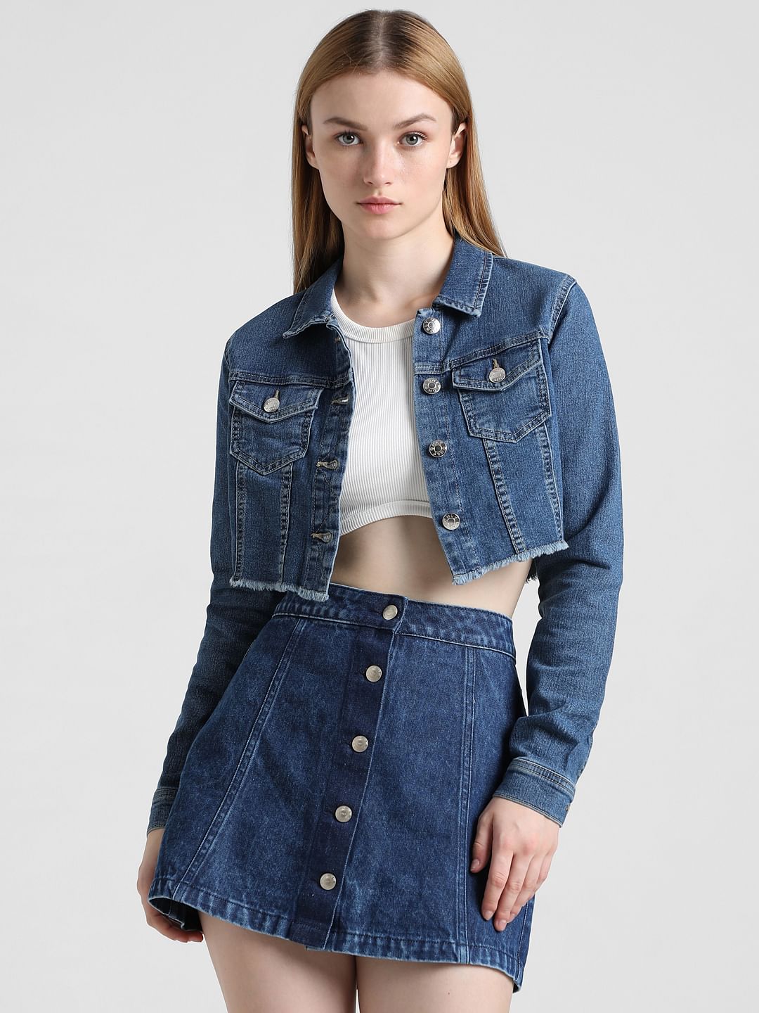 Jean skirt and jacket set best sale