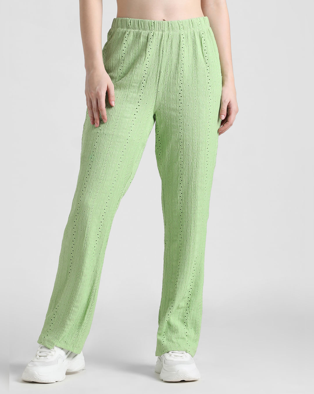 Green High Rise Crinkled Pointelle Pants