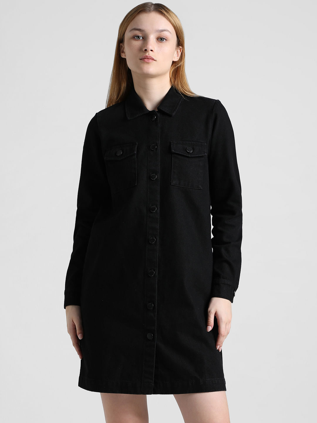 Washed Black Seam Detail Long Sleeve Denim Dress | PrettyLittleThing USA
