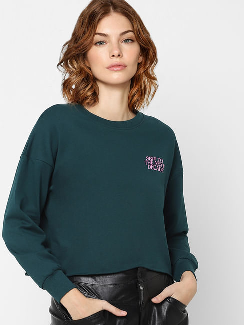 Green Text Print Cropped Sweatshirt