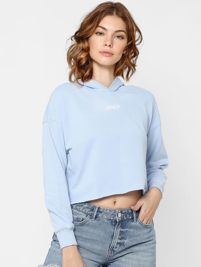 Blue Logo Print Cropped Sweatshirt
