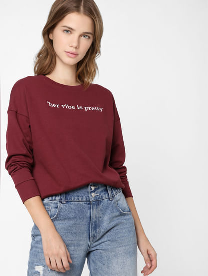 Maroon Slogan Print Sweatshirt
