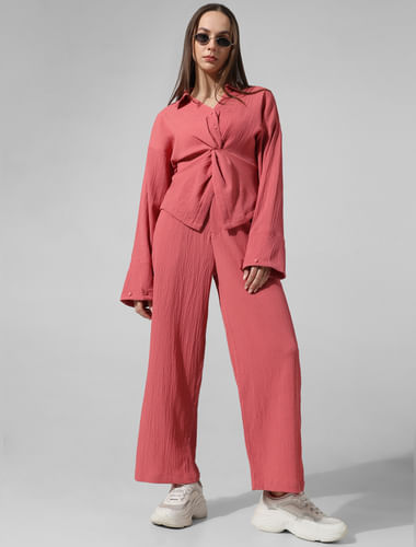 Pink Crinkle Weave Co-ord Set Pants