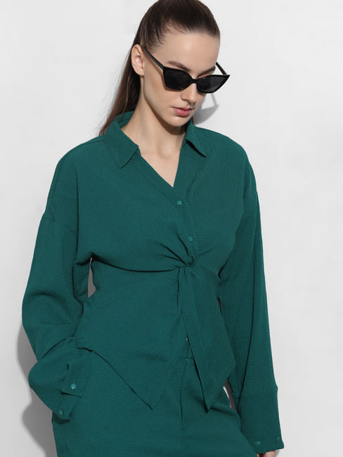 Green Crinkle Weave Co-ord Set Shirt
