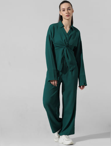 Green Crinkle Weave Co-ord Set Shirt