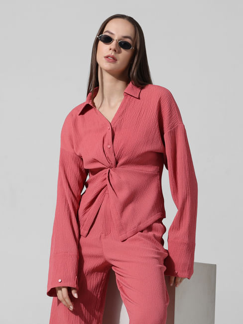 Pink Crinkle Weave Co-ord Set Shirt