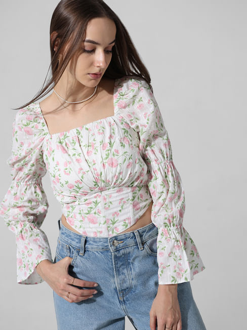 White Floral Smocked Top