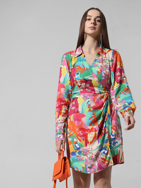 Multi-Colour Printed Wrap Shirt Dress