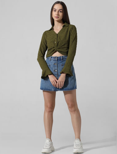 Green Knot Detail Cropped Shirt