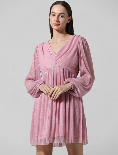 Pink Shimmer Pleated Mini Dress