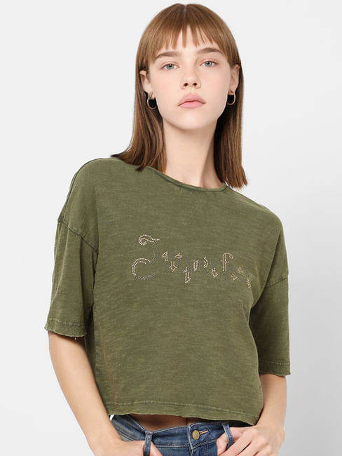Green Embellished Cropped T-shirt