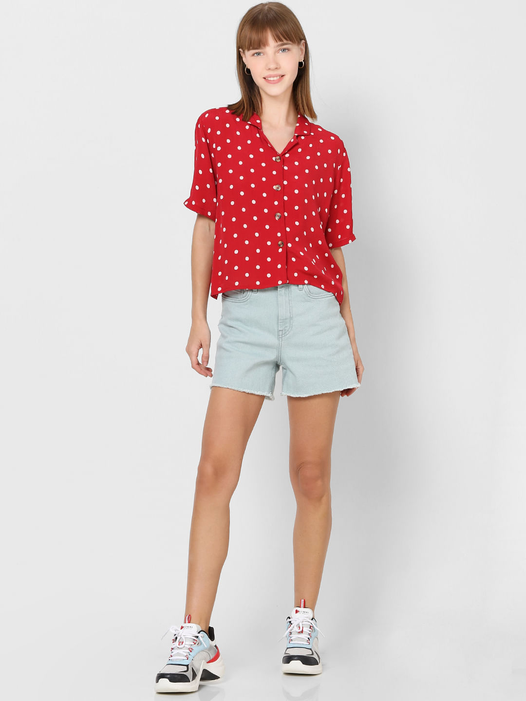 white red polka dot shirt