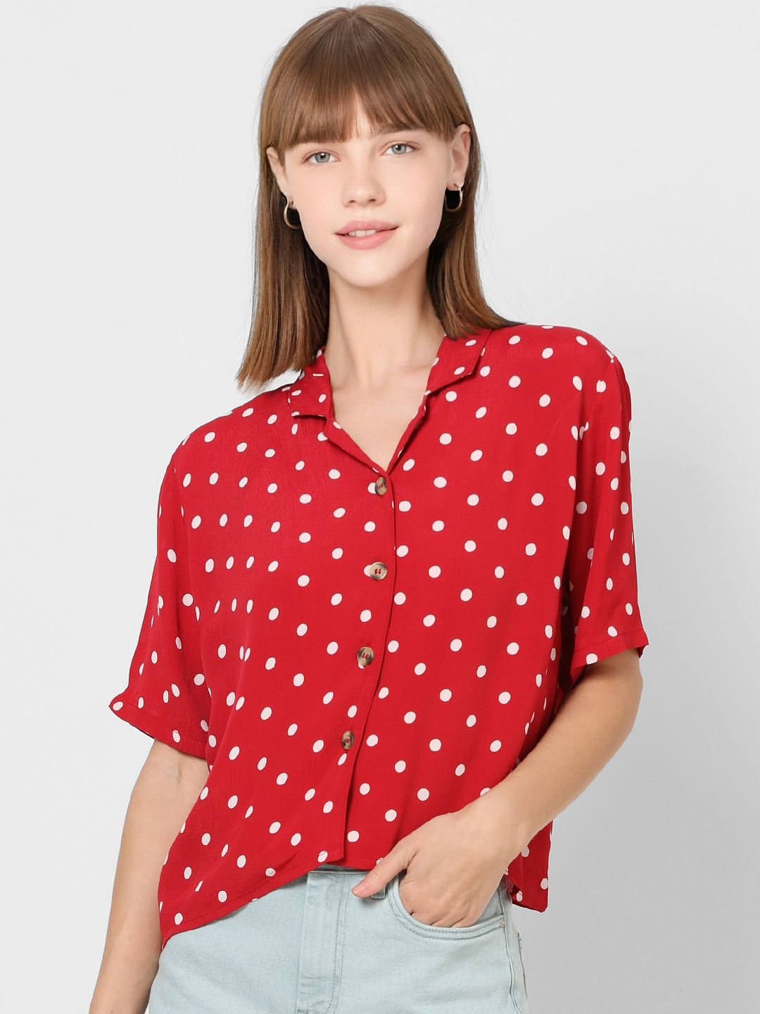 white red polka dot shirt