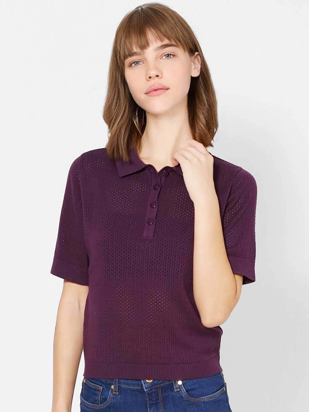 purple polo with jeans