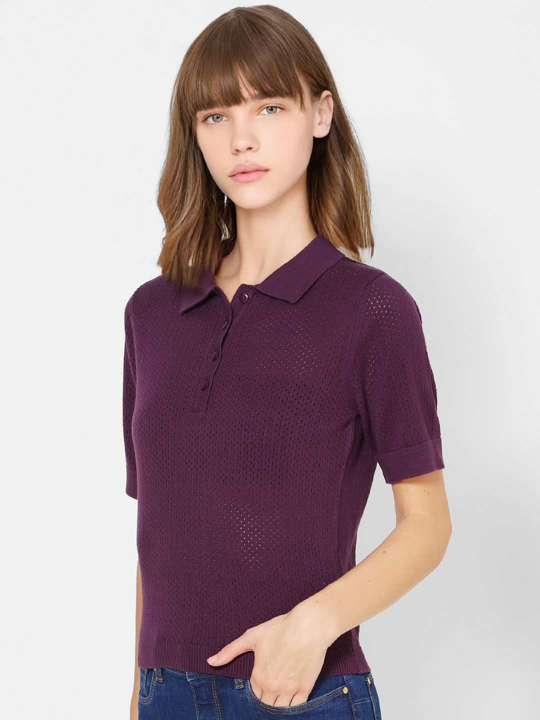 purple polo with jeans