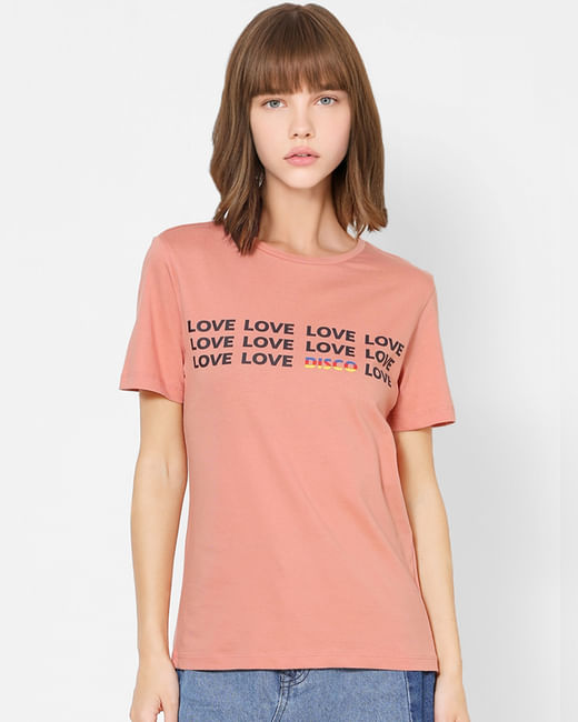 Peach Text Print T-shirt