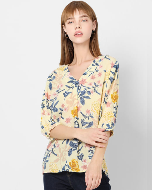 Yellow Floral V Neck Top