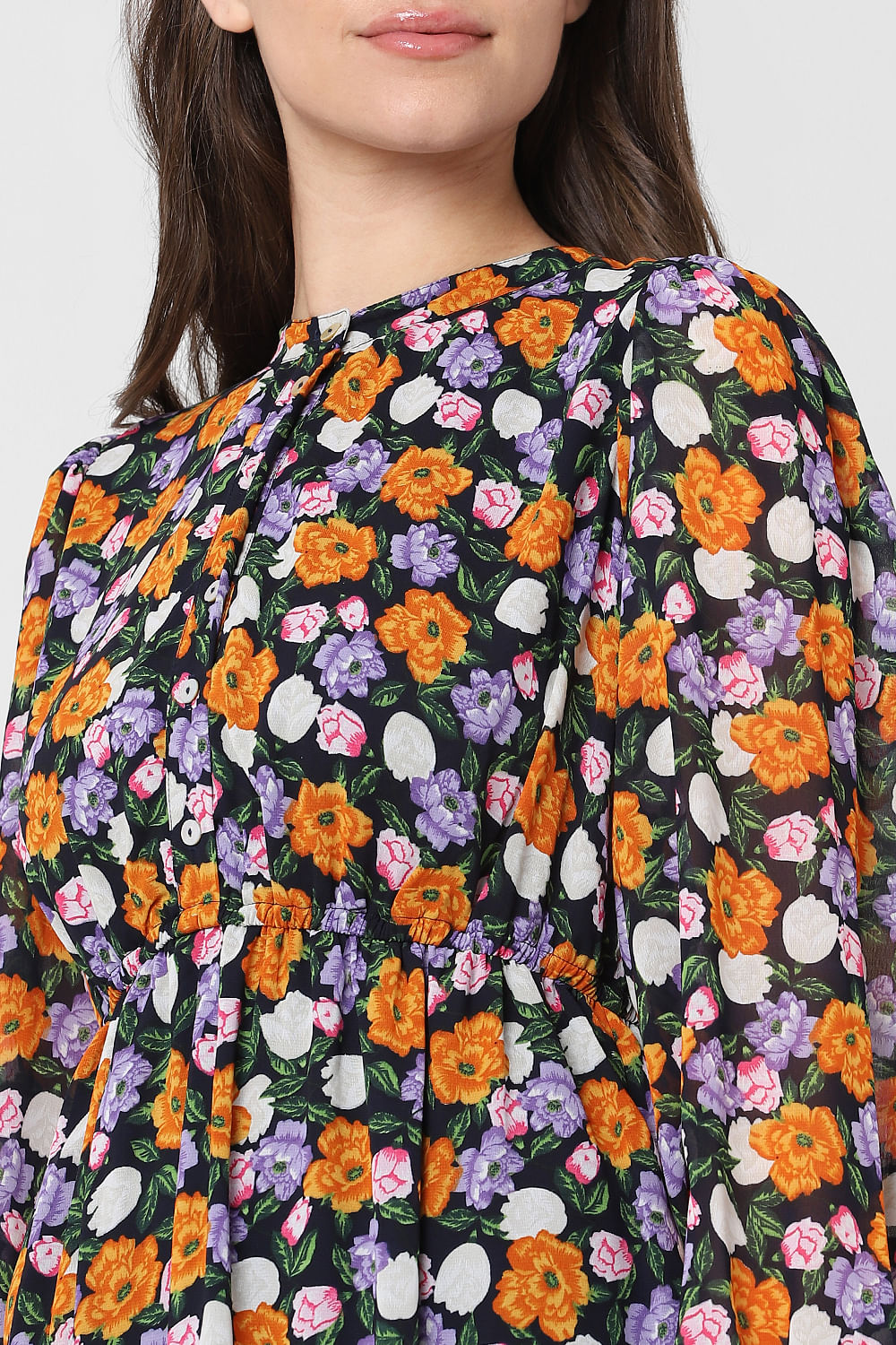 Shop the Laney Cutout Back Frill Trim Dress Floral Pattern Orange | Selfie  Leslie