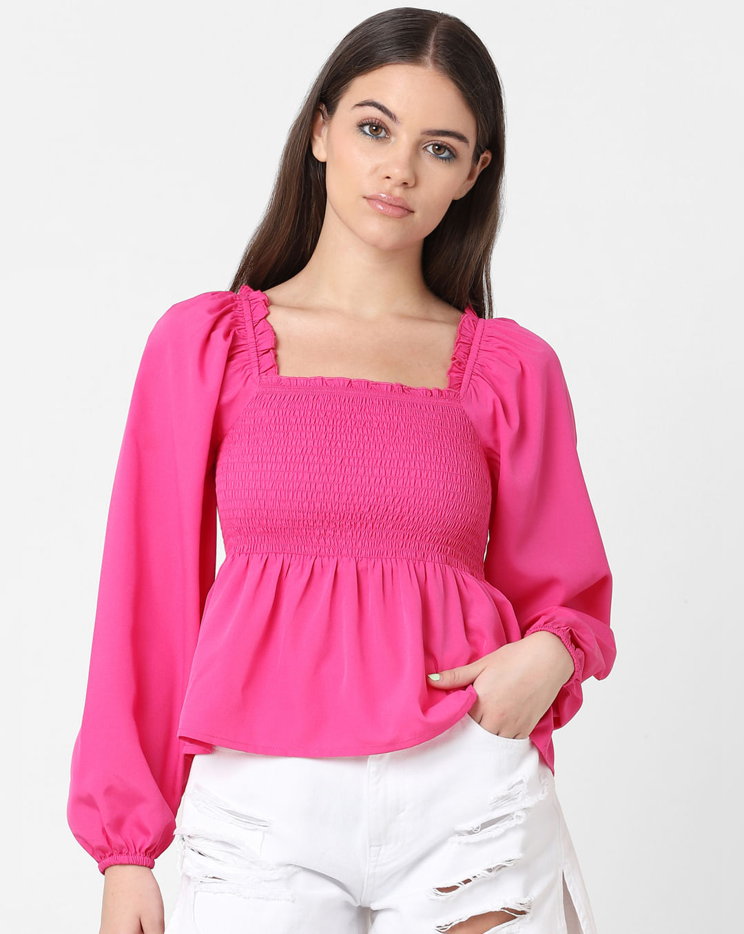 Pink Fitted Smocked Top