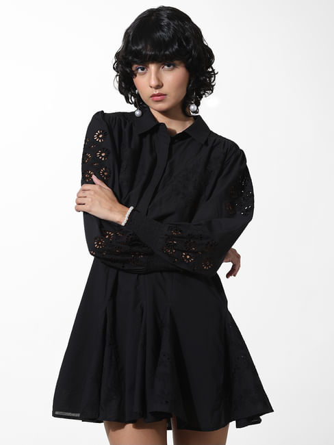 Black Embroidered Cotton Short Dress