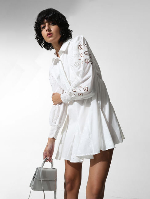 White Embroidered Cotton Short Dress