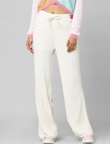 Beige High Rise Wide Leg Knitted Pants