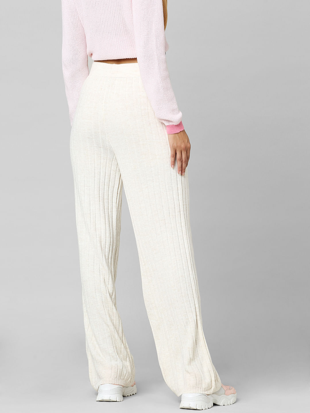 Beige High Rise Wide Leg Knitted Pants