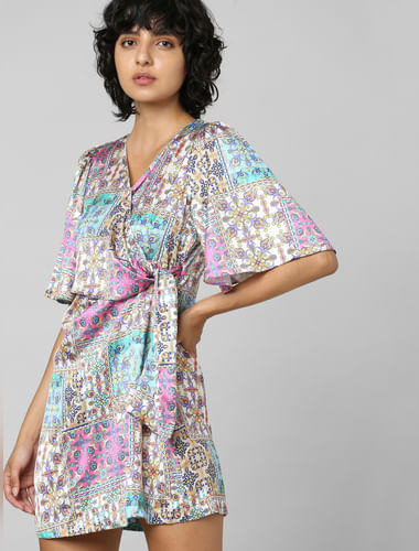 Multi-Colour Wrapover Satin Dress