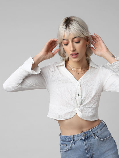 White Cropped Knot Detail Shirt