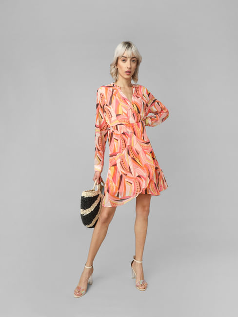 Peach Abstract Print Fit & Flare Dress