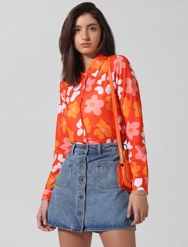 Orange Floral Mesh Shirt