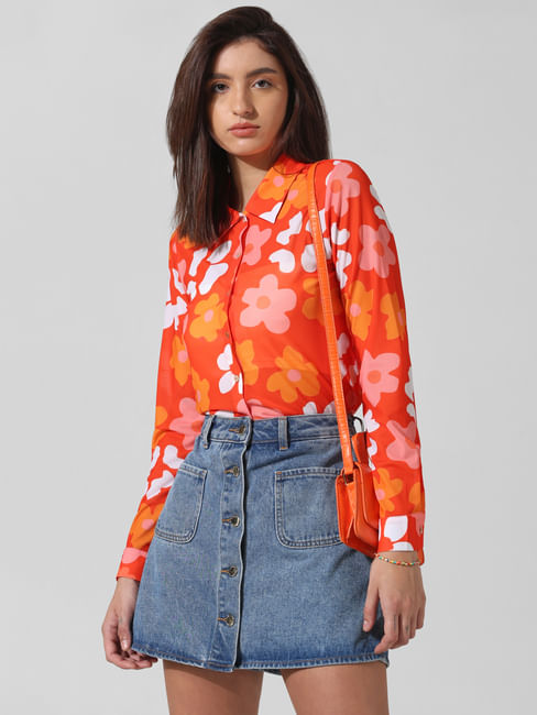 Orange Floral Mesh Shirt