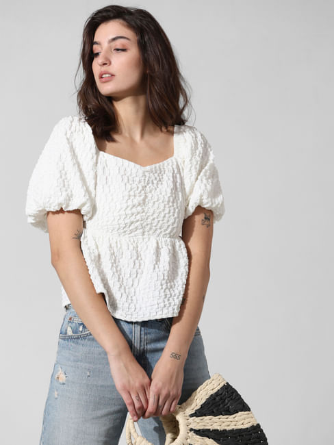 White Textured Puff-Sleeves Top