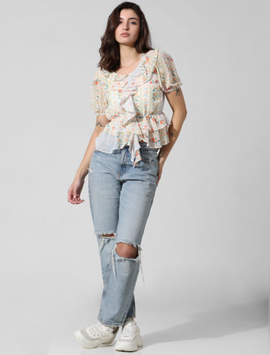 White Printed Frill Trimmed Top