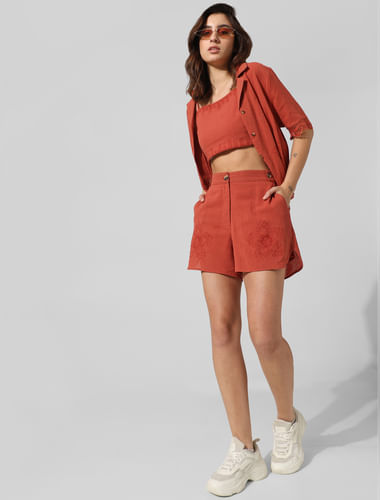 Brown Cotton Co-ord Set Shorts