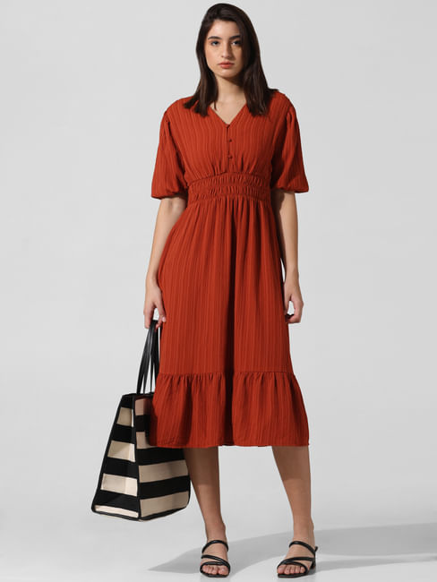 Brown Textured Puff Sleeves Dress