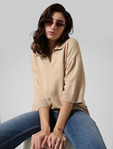 Beige Loose Fit Polo Pullover