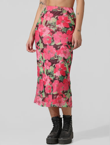 Pink Floral Long Mesh Co-ord Set Skirt