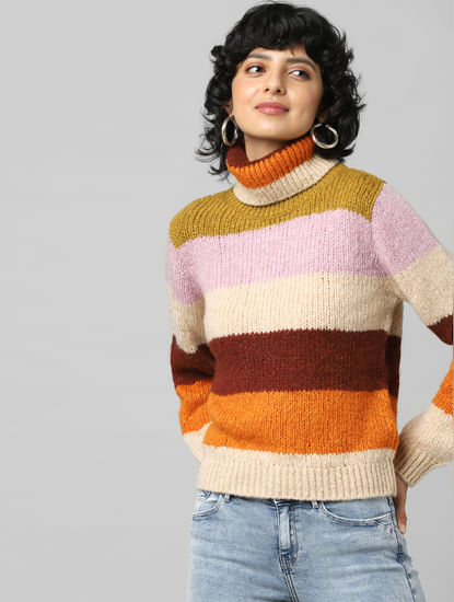 Brown Striped Roll Neck Pullover