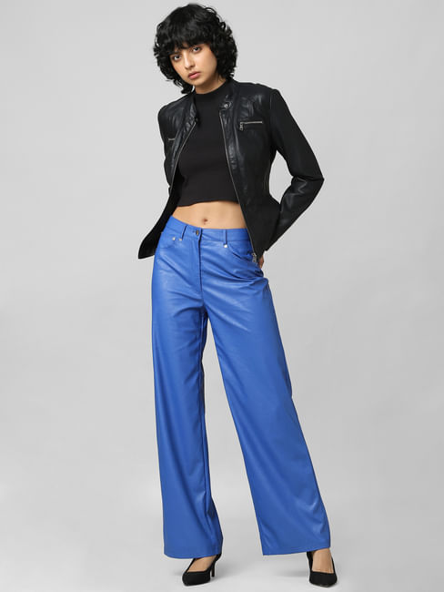 Blue High Rise Faux Leather Flared Pants