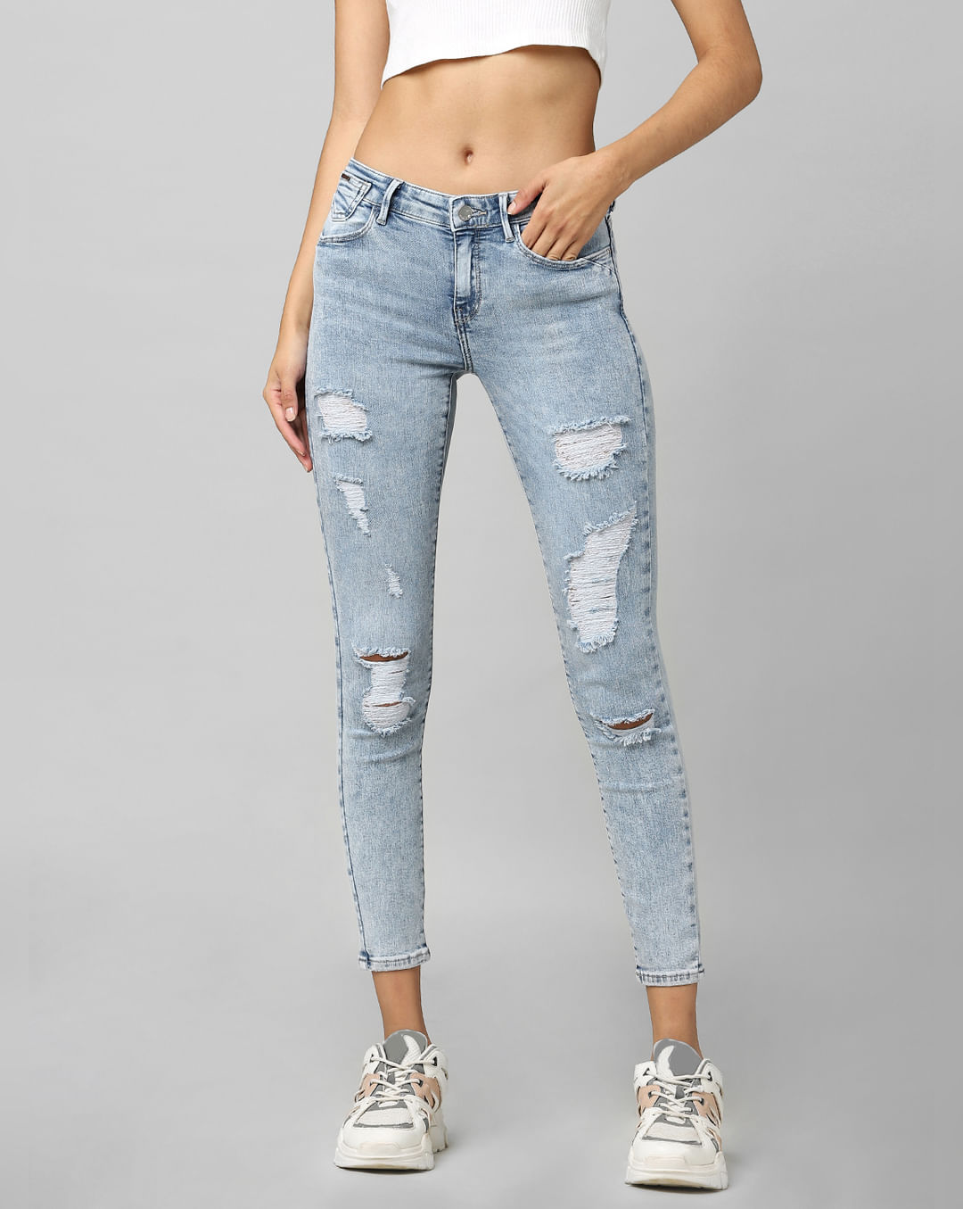 Women High Waist Destroyed Stretch Jeans Trousers Ripped Denim Skinny Pants  