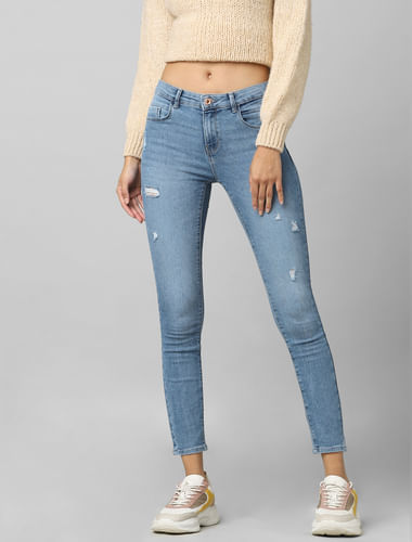 Blue Mid Rise Pushup Distressed Skinny Jeans