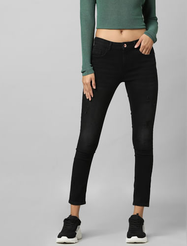 Black Mid Rise Pushup Distressed Skinny Jeans