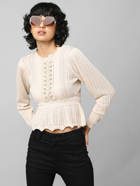 Beige Lace Cable Knit Pullover