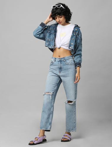 Blue High Rise Distressed Straight Fit Jeans